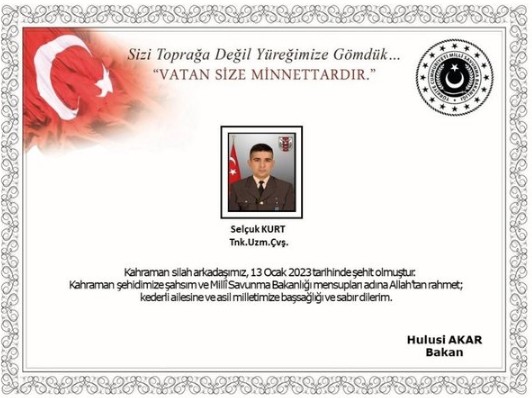 MSB: Uzman Çavuş Selçuk Kurt şehit oldu